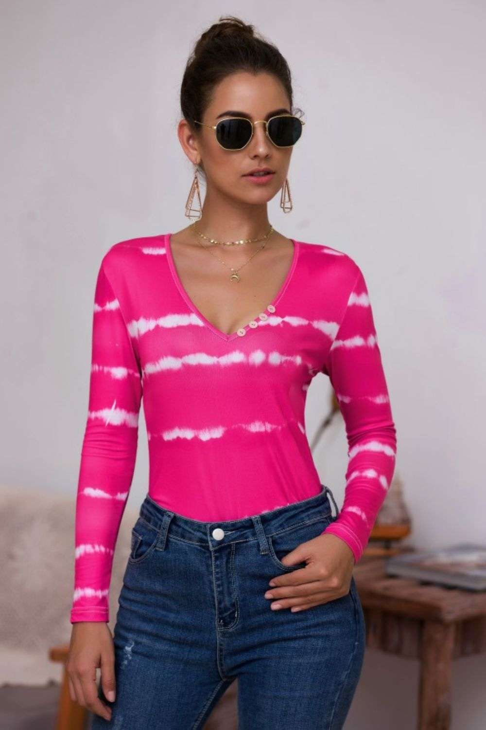 Tie-Dye Plunge Long Sleeve Top WESTCLOSET