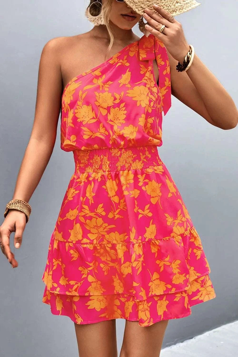 Tied Smocked Printed Single Shoulder Dress WESTCLOSET