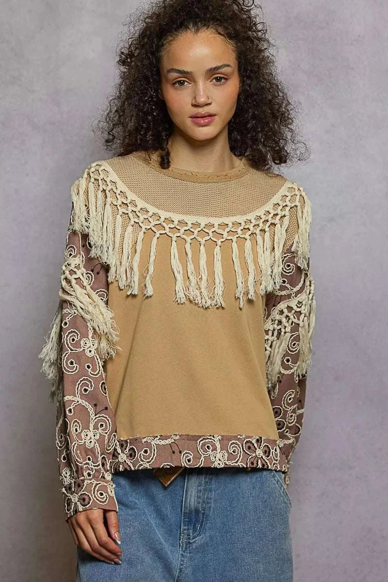 POL Contrast Floral Embroidery Balloon Sleeve Top with Tassel Trim WESTCLOSET