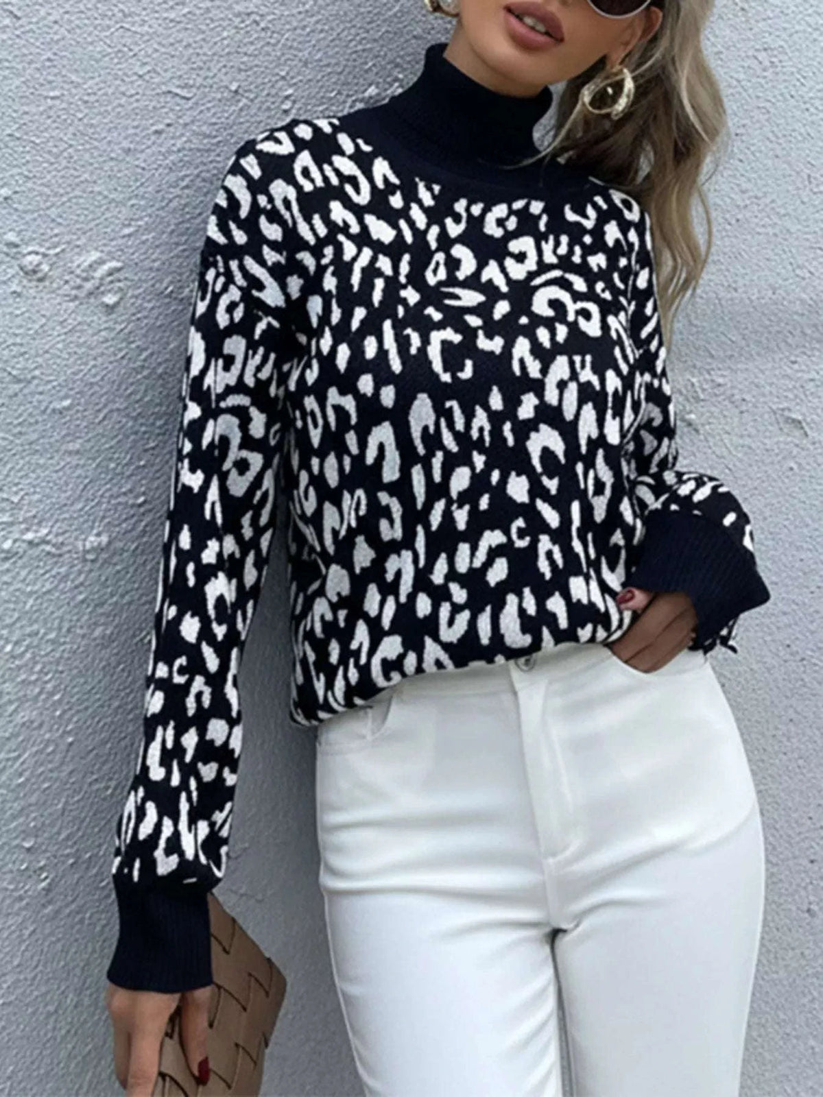 Leopard High Neck Pullover Sweater WESTCLOSET
