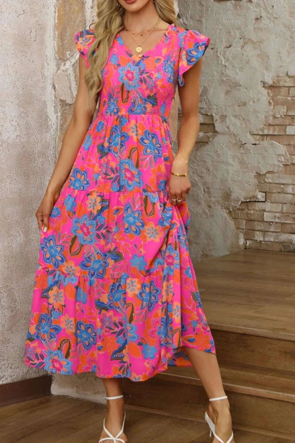 Boho Floral V Neck Ruffle Tiered Dress WESTCLOSET