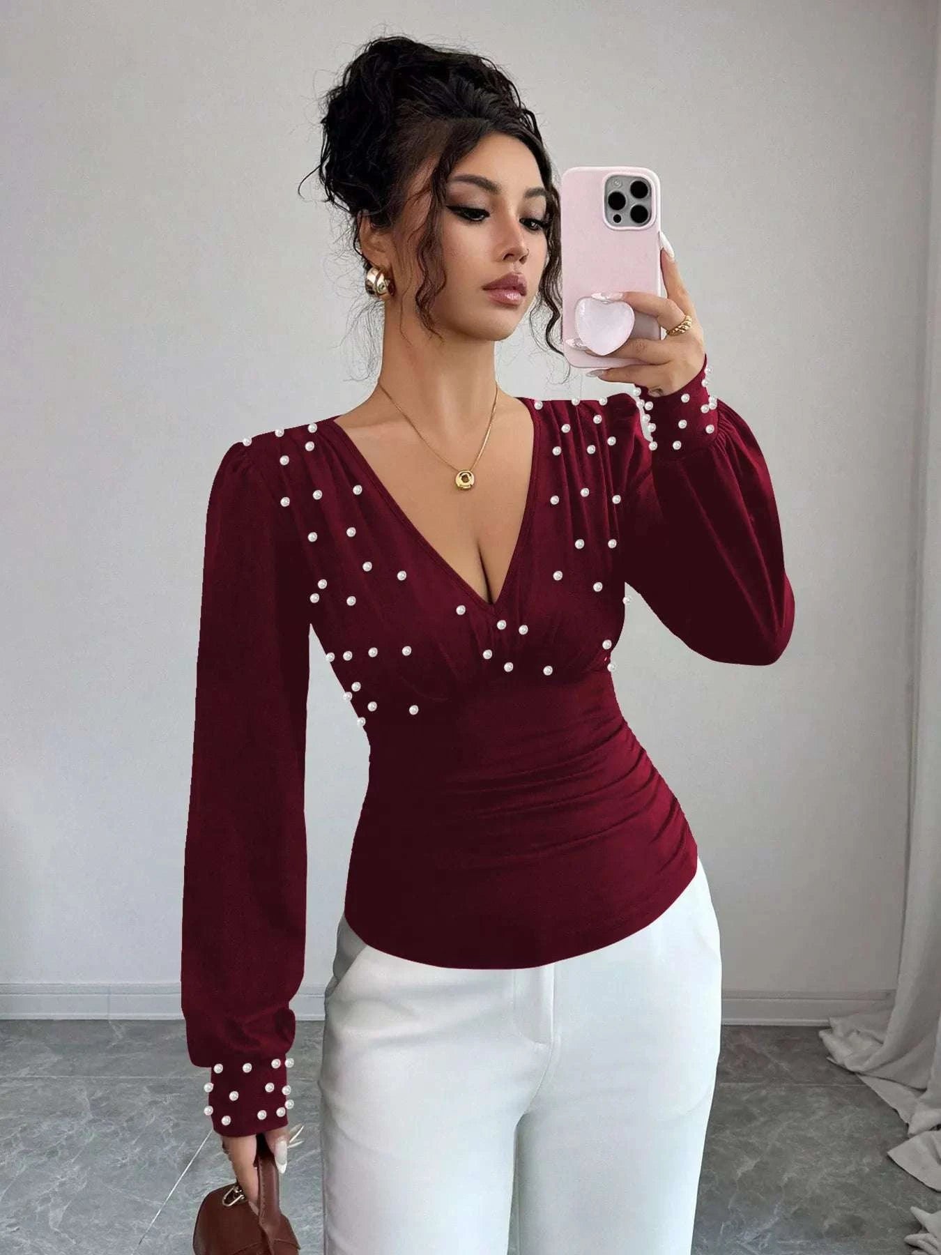 Pearl Embellished V-Neck Blouse WESTCLOSET