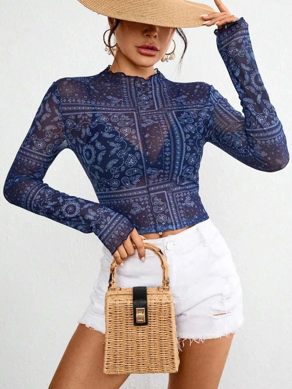 Paisley Mock Neck Long Sleeve Sheer Top WESTCLOSET