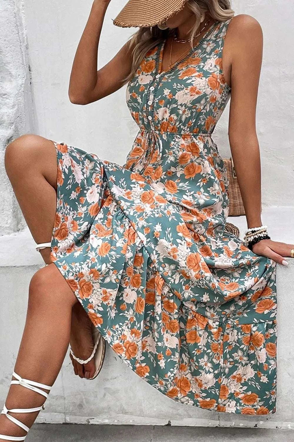Floral Print Trimmed V Neck Tie Waist Sleeveless Dress WESTCLOSET