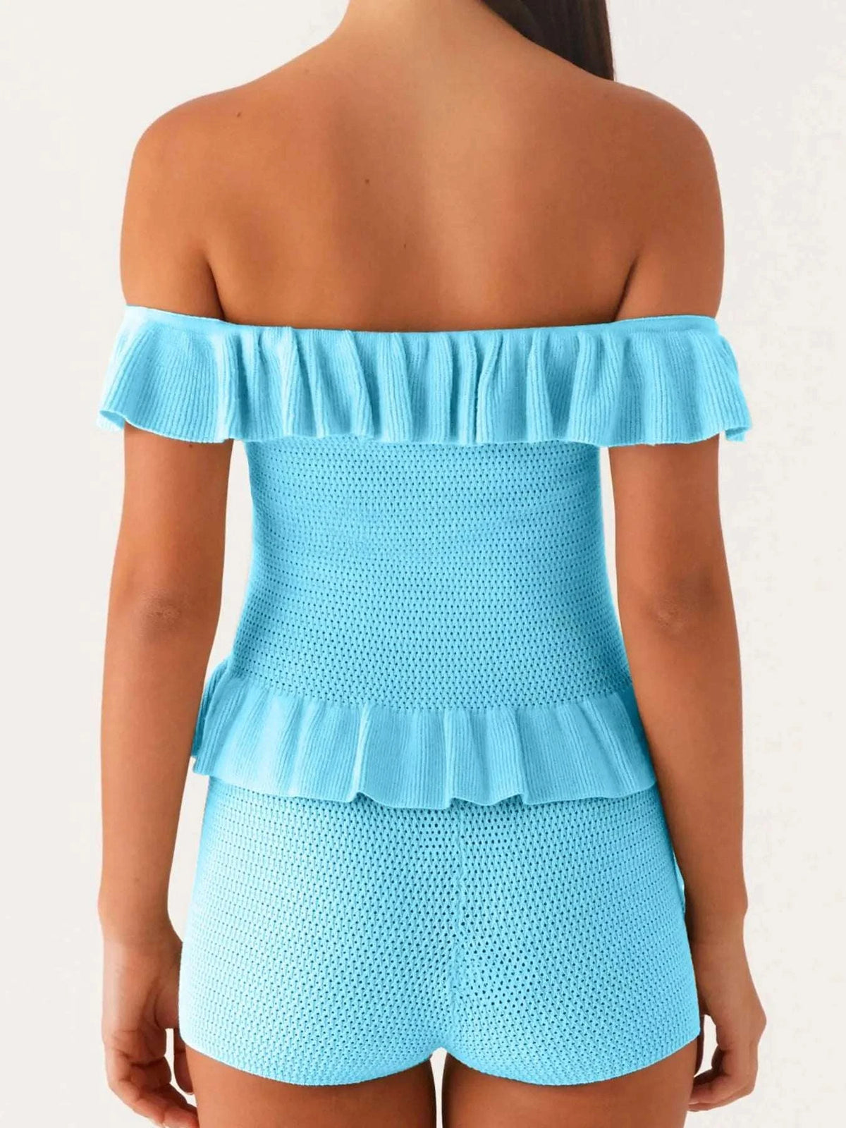 Off-Shoulder Ruffle Top and Shorts Sweater Set WESTCLOSET