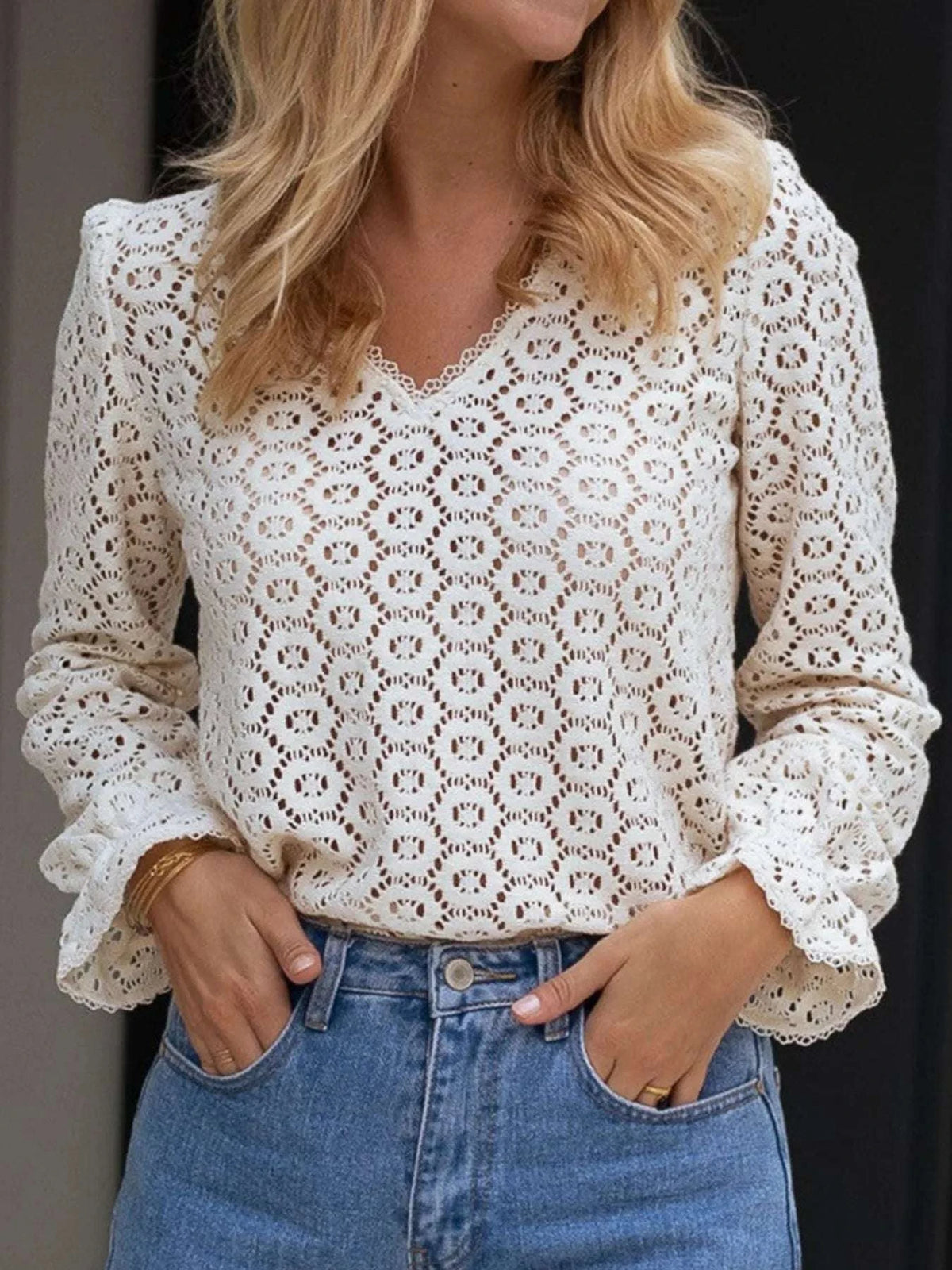 Crochet Lace V-Neck Long Sleeve Blouse WESTCLOSET