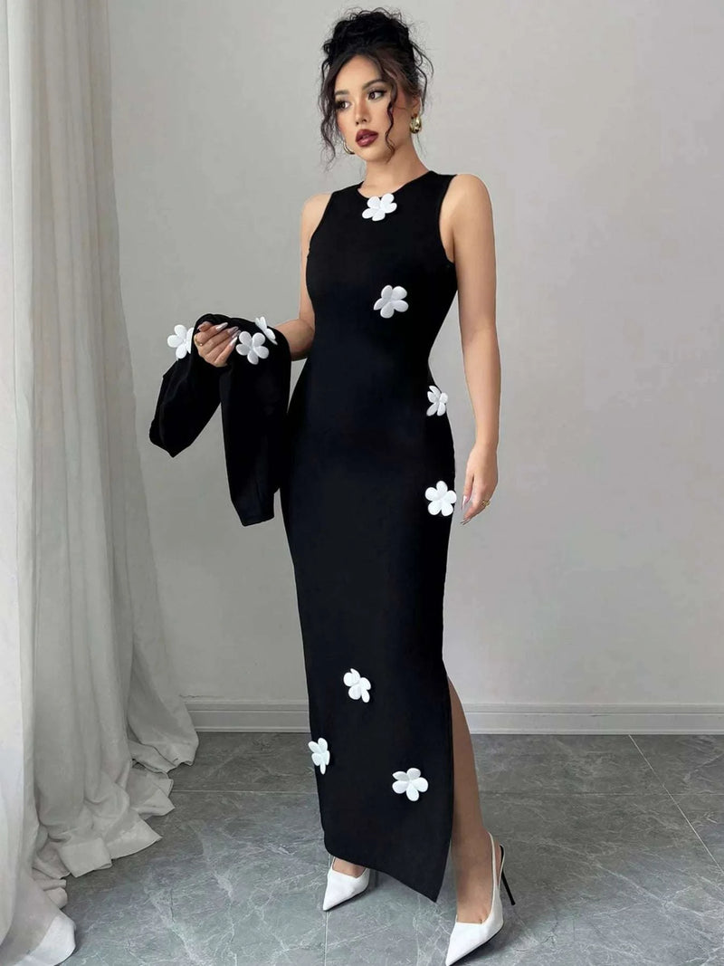 Floral Applique Cardigan & Bodycon Dress Set WESTCLOSET