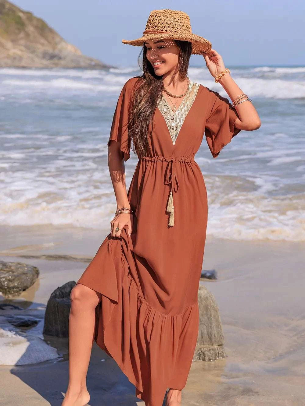 Ruffled Tassel V-Neck Flutter Sleeve Dress WESTCLOSET