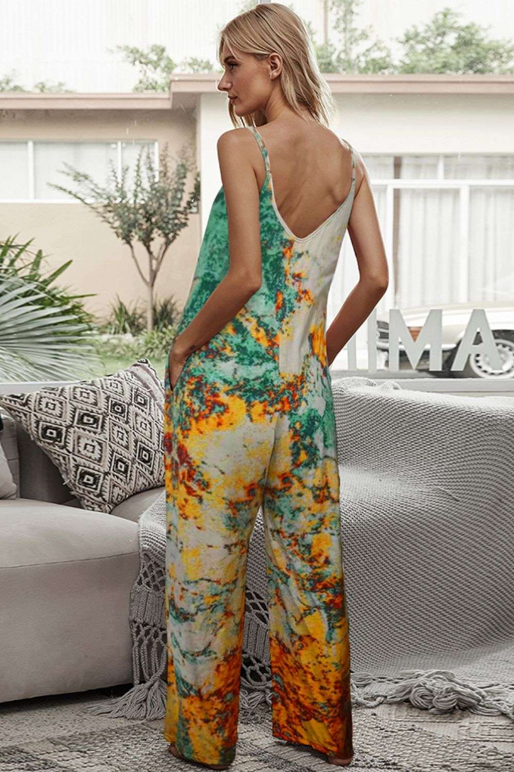 Shiny Tie-Dye Spaghetti Strap Jumpsuit with Pockets WESTCLOSET