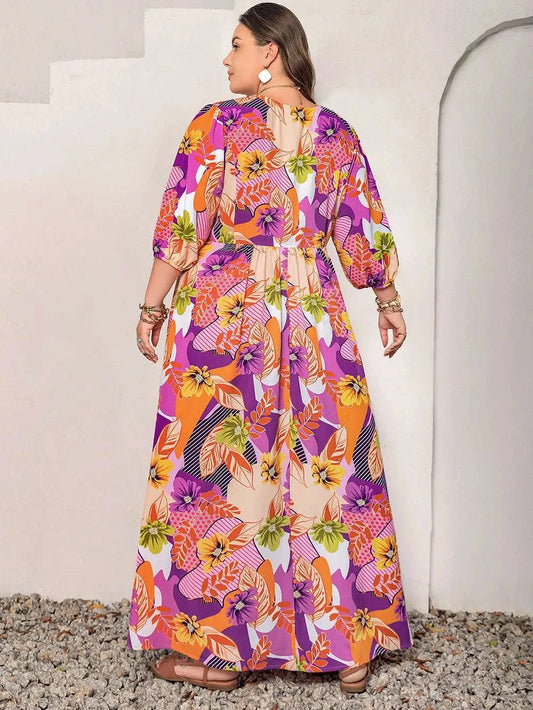 Plus Size Printed Tie Neck Maxi Dress WESTCLOSET