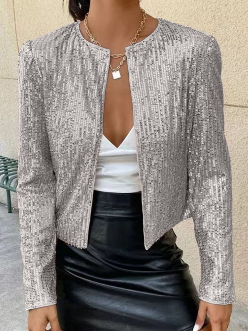 WestCloset Full Size Sequin Open Front Cropped Jacket 
