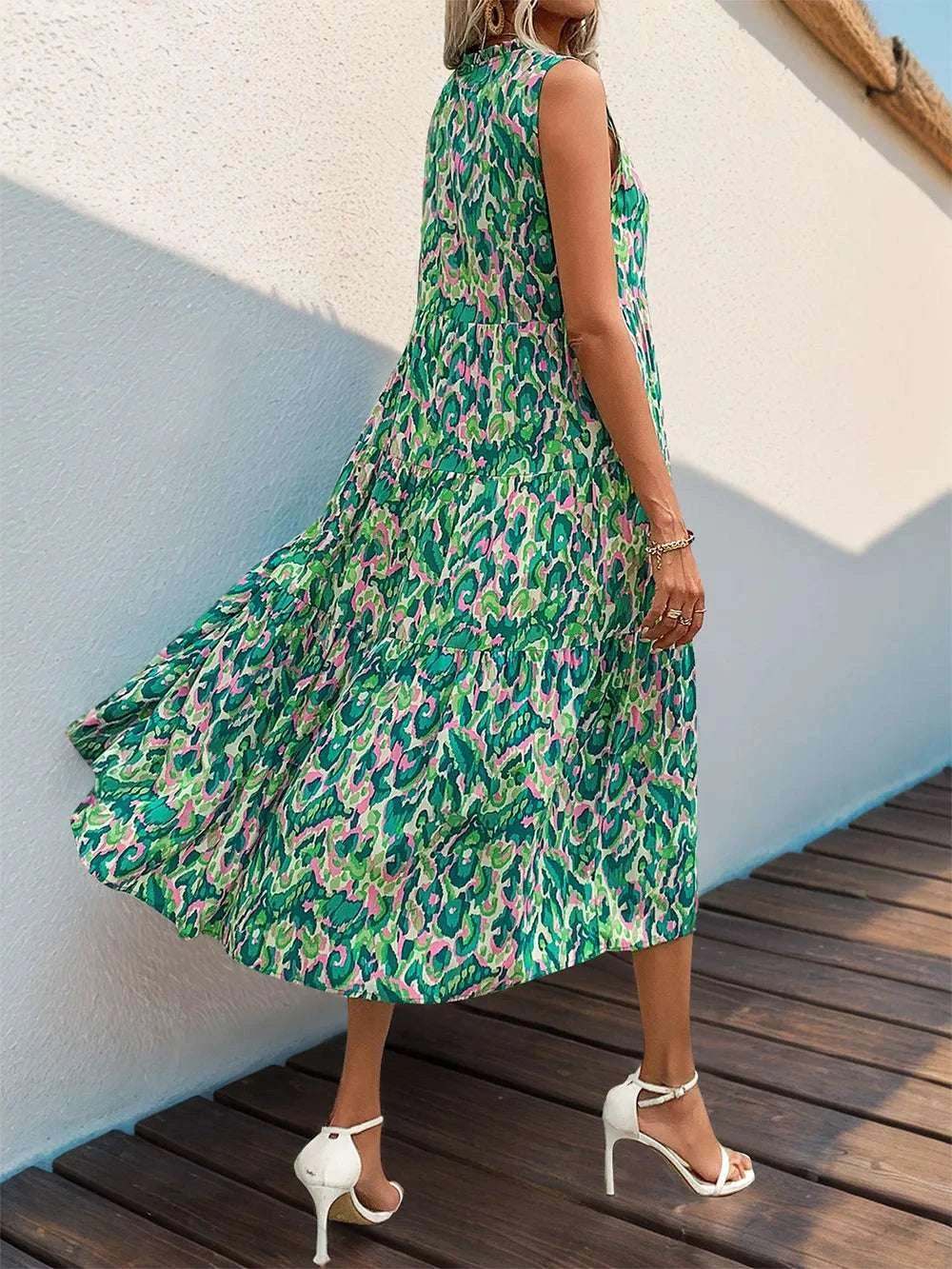 Perfee Tassel Printed Tie Neck Sleeveless Dress WESTCLOSET