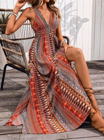 Tied Back Printed Sleeveless Maxi Slit Dress WESTCLOSET