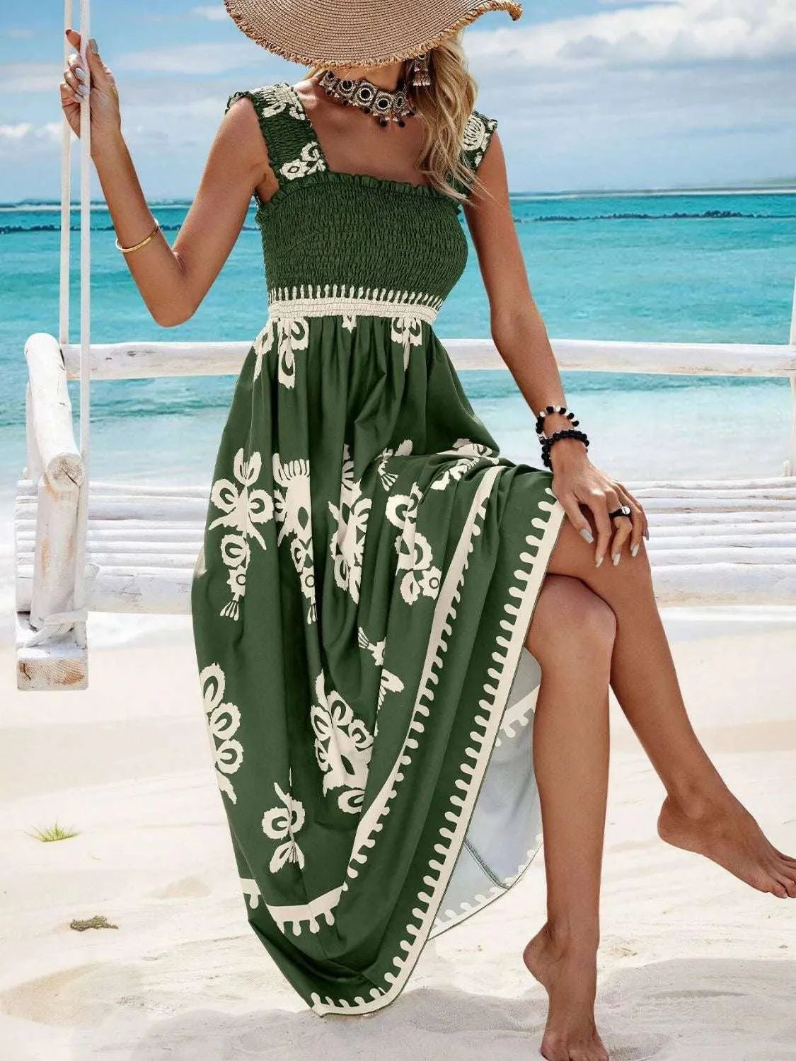 Smocked Printed Wide Strap Maxi Dress WESTCLOSET