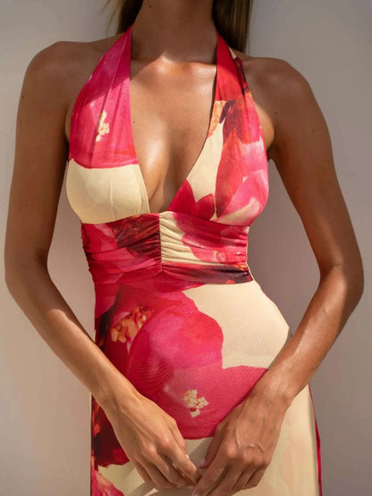 Floral Halter Neck Deep V Maxi Dress WESTCLOSET