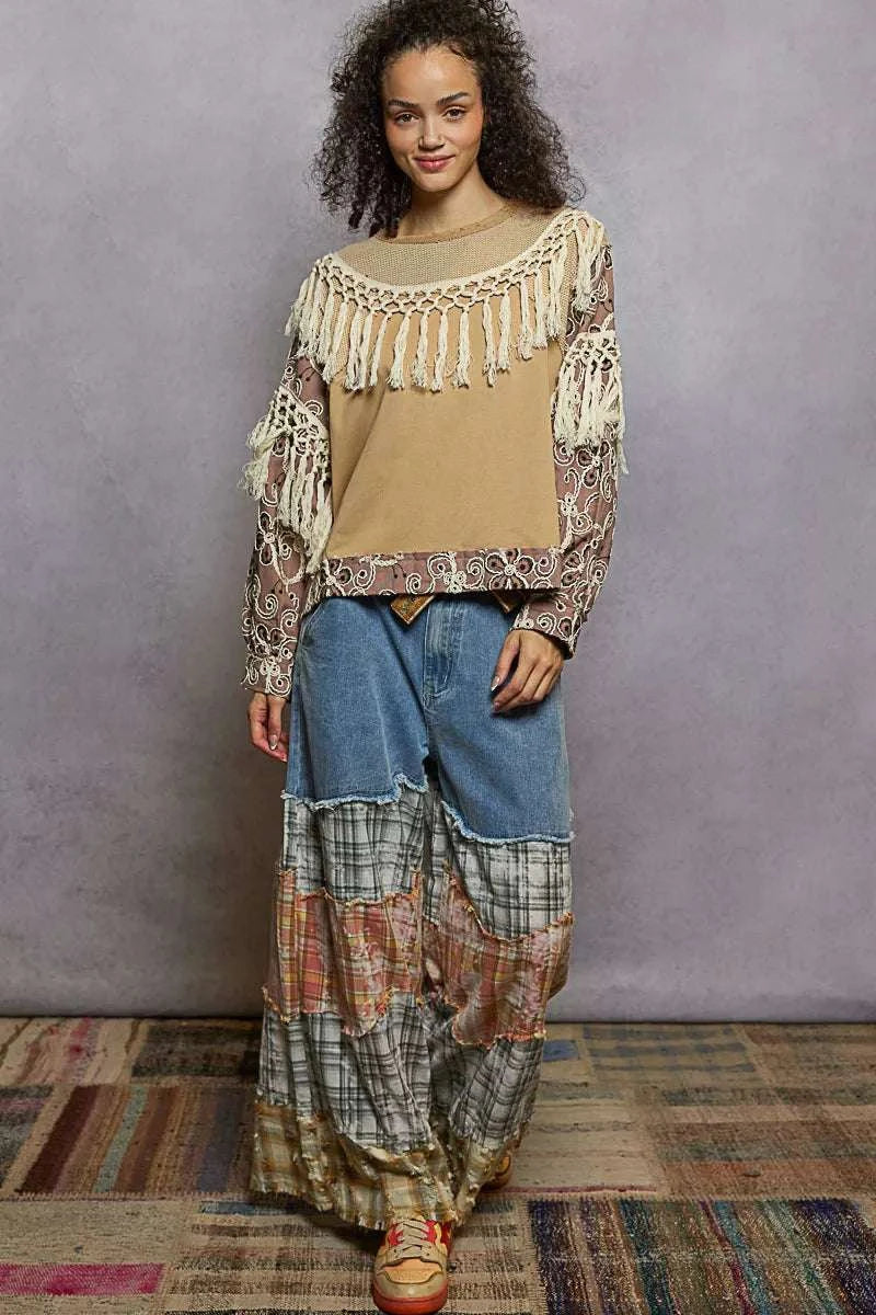 POL Contrast Floral Embroidery Balloon Sleeve Top with Tassel Trim WESTCLOSET