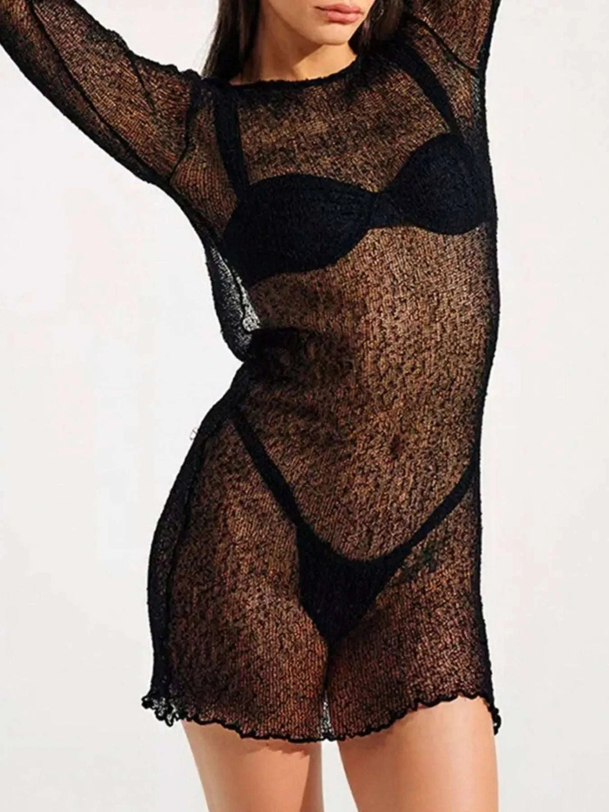 Sheer Backless Long Sleeve Mini Cover-Up Dress WESTCLOSET