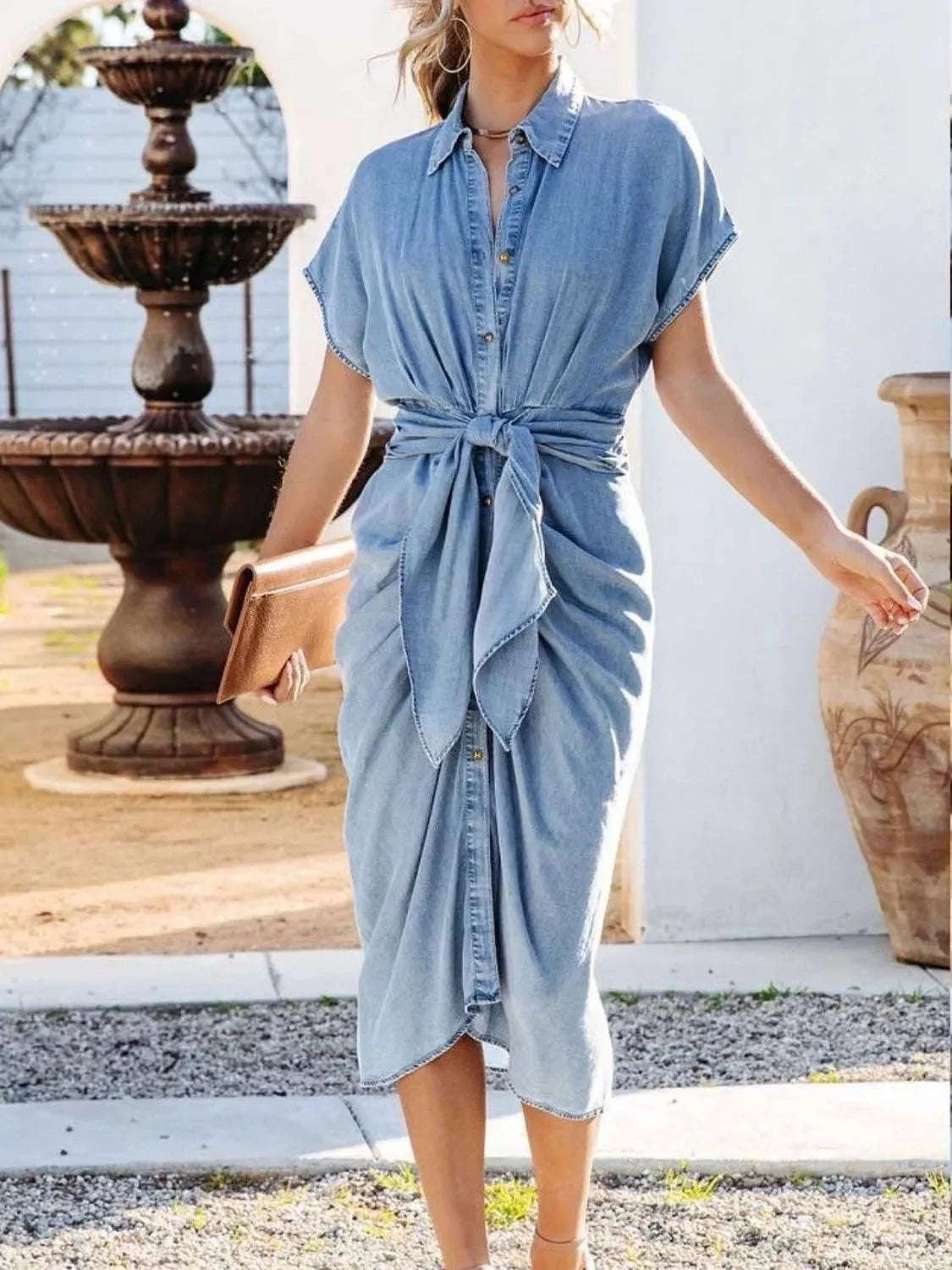 Collared Neck Tie Waist Short Sleeve Denim Dress WESTCLOSET