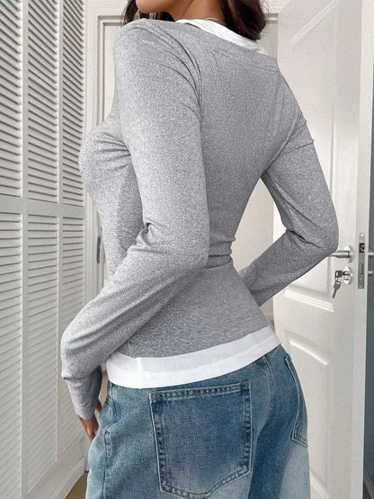 Contrast Long Sleeve Fake Two-Piece T-Shirt WESTCLOSET