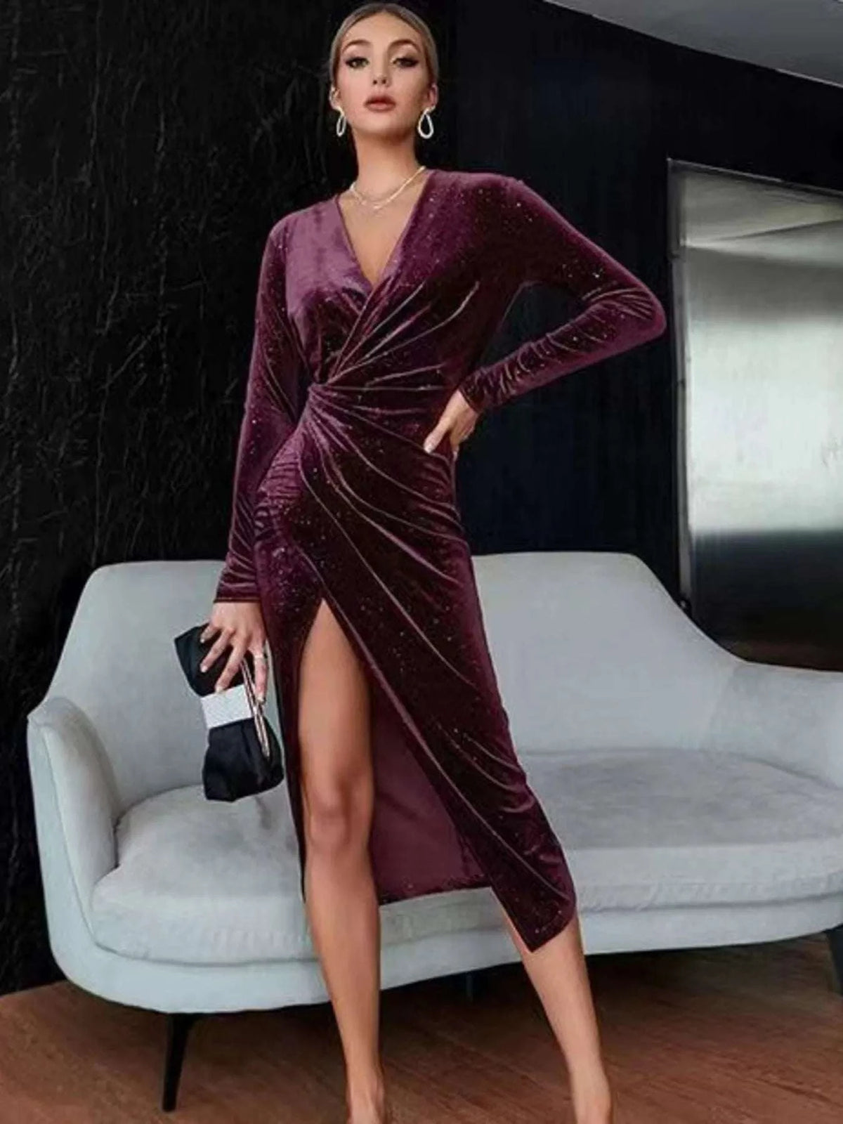 Velvet Ruched Slit Midi Dress WESTCLOSET