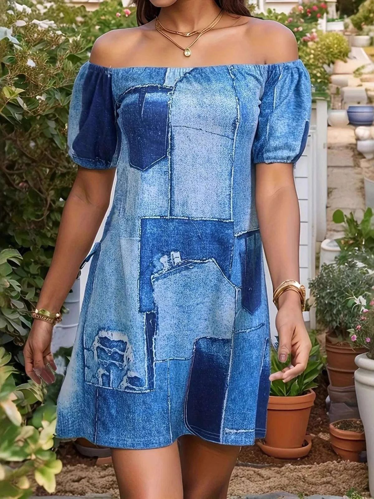 Patchwork Off Shoulder Denim Mini Dress WESTCLOSET
