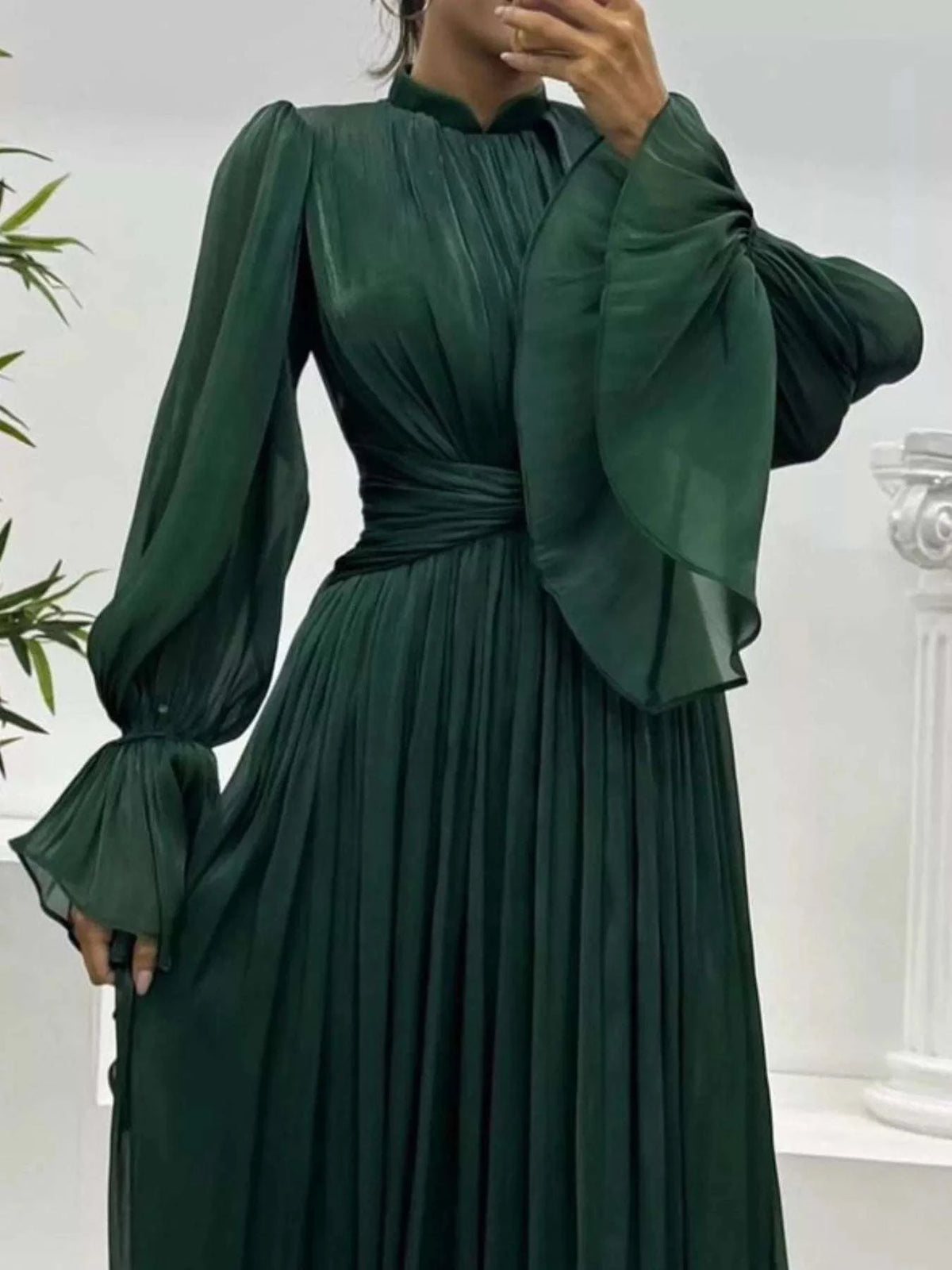 Pleated Mock Neck Long Sleeve Maxi Dress WESTCLOSET