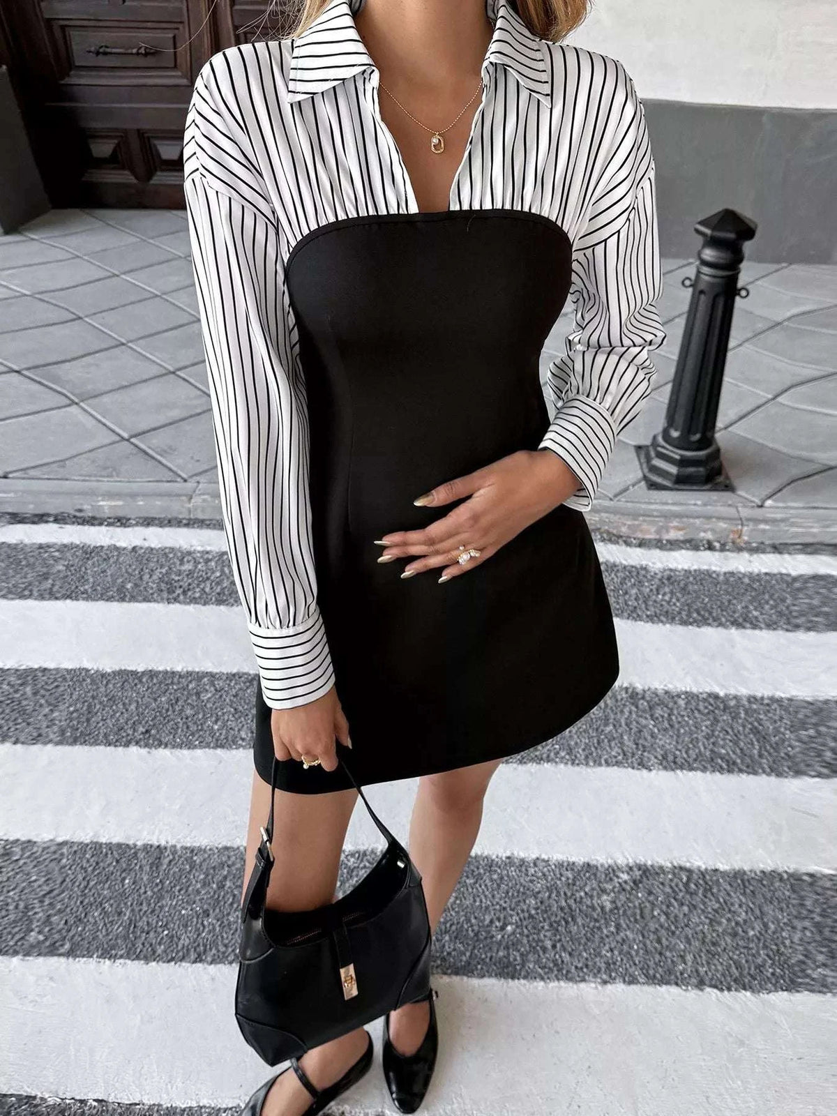 Striped Shirt Panel Bodycon Mini Dress WESTCLOSET