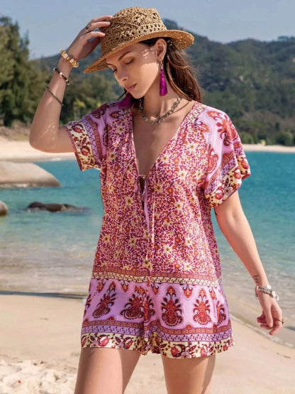 Printed V-Neck Short Sleeve Romper WESTCLOSET