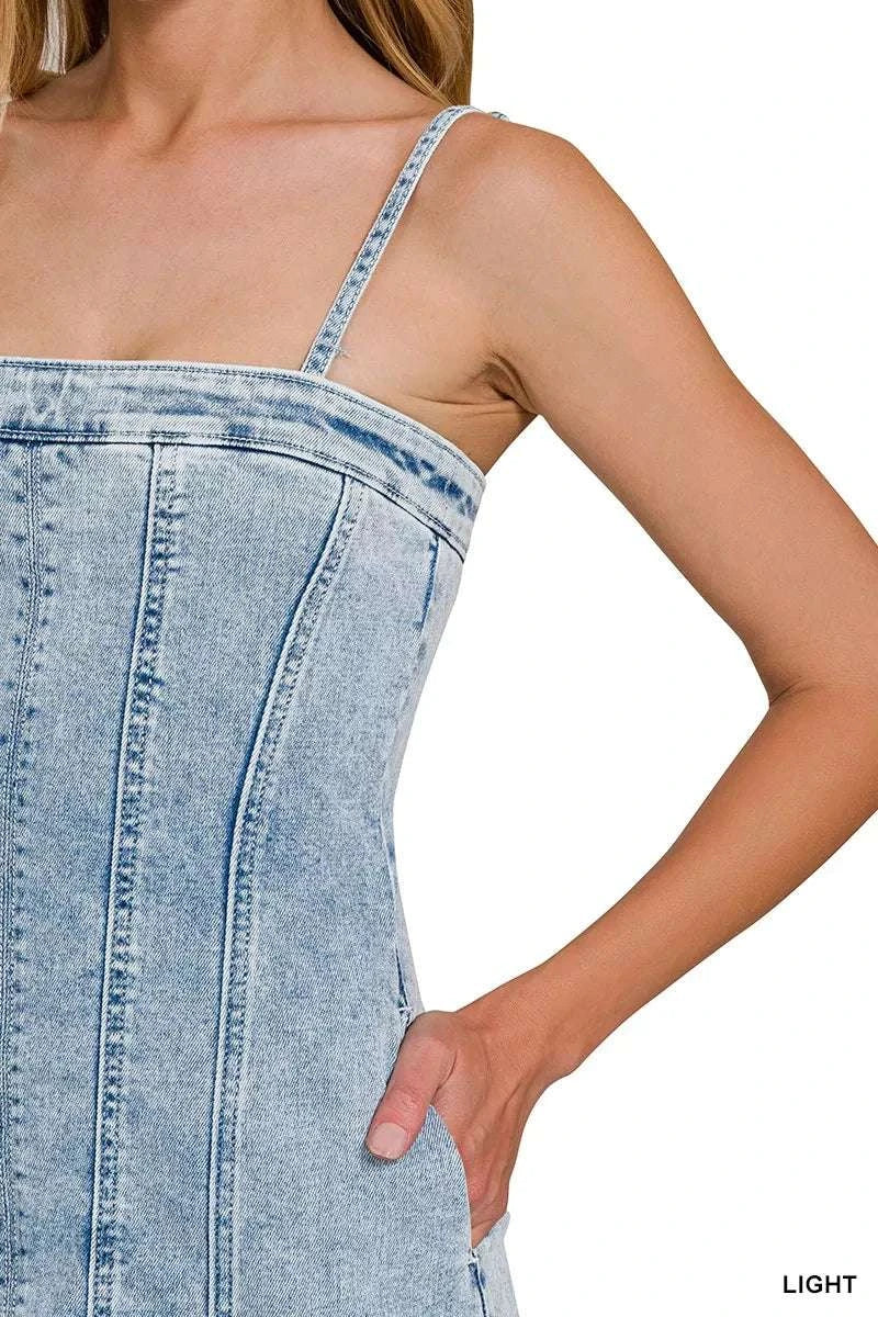 Zenana Spaghetti Strap Exposed Seam Light-Wash Dress WESTCLOSET