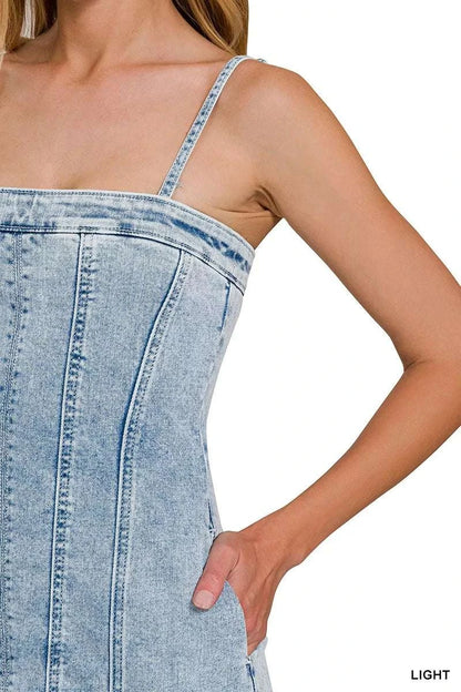 Zenana Spaghetti Strap Exposed Seam Light-Wash Dress WESTCLOSET