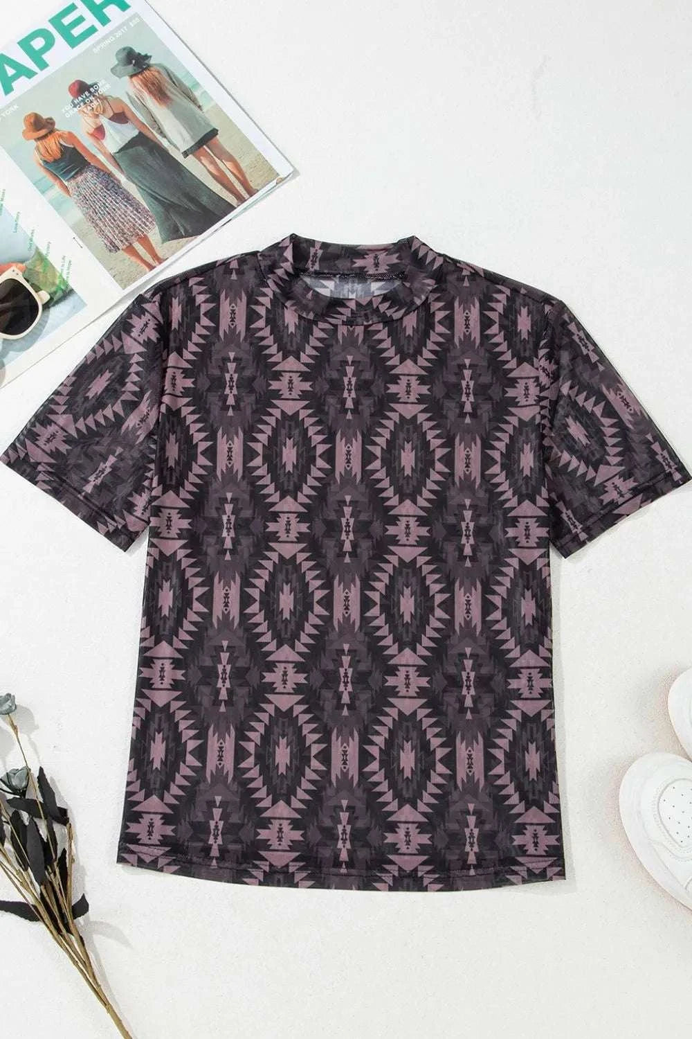 Aztec Print Mock Neck Short Sleeve Mesh T Shirt WESTCLOSET