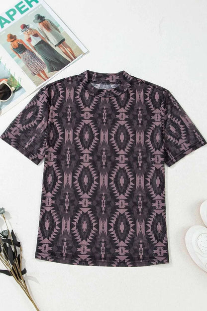 Aztec Print Mock Neck Short Sleeve Mesh T Shirt WESTCLOSET