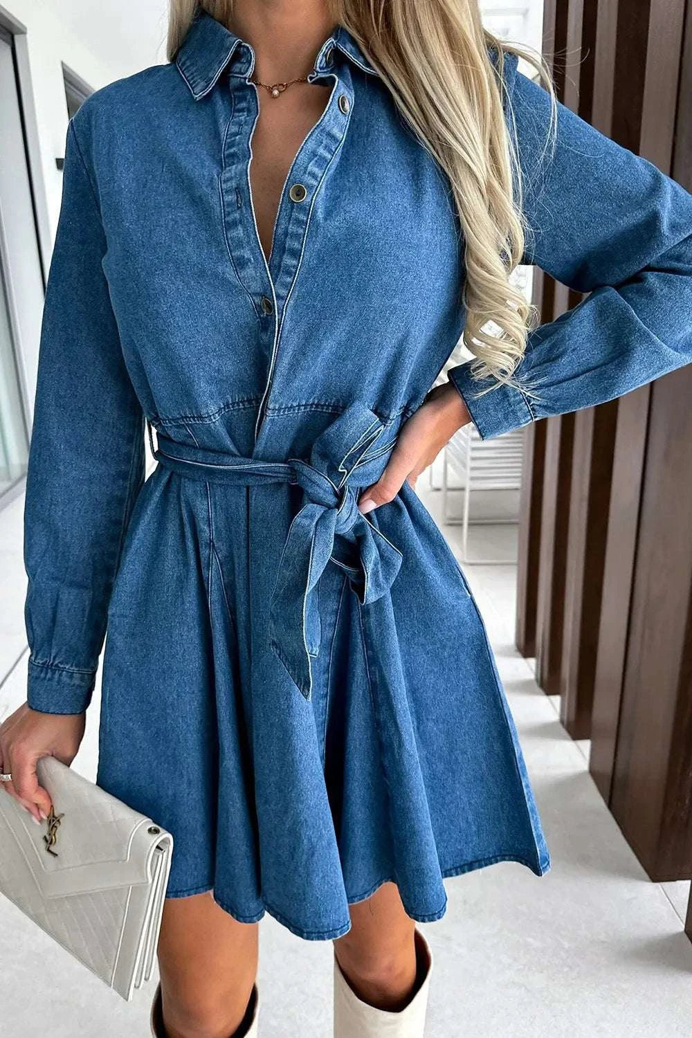 Tied Half Button Long Sleeve Denim Dress WESTCLOSET