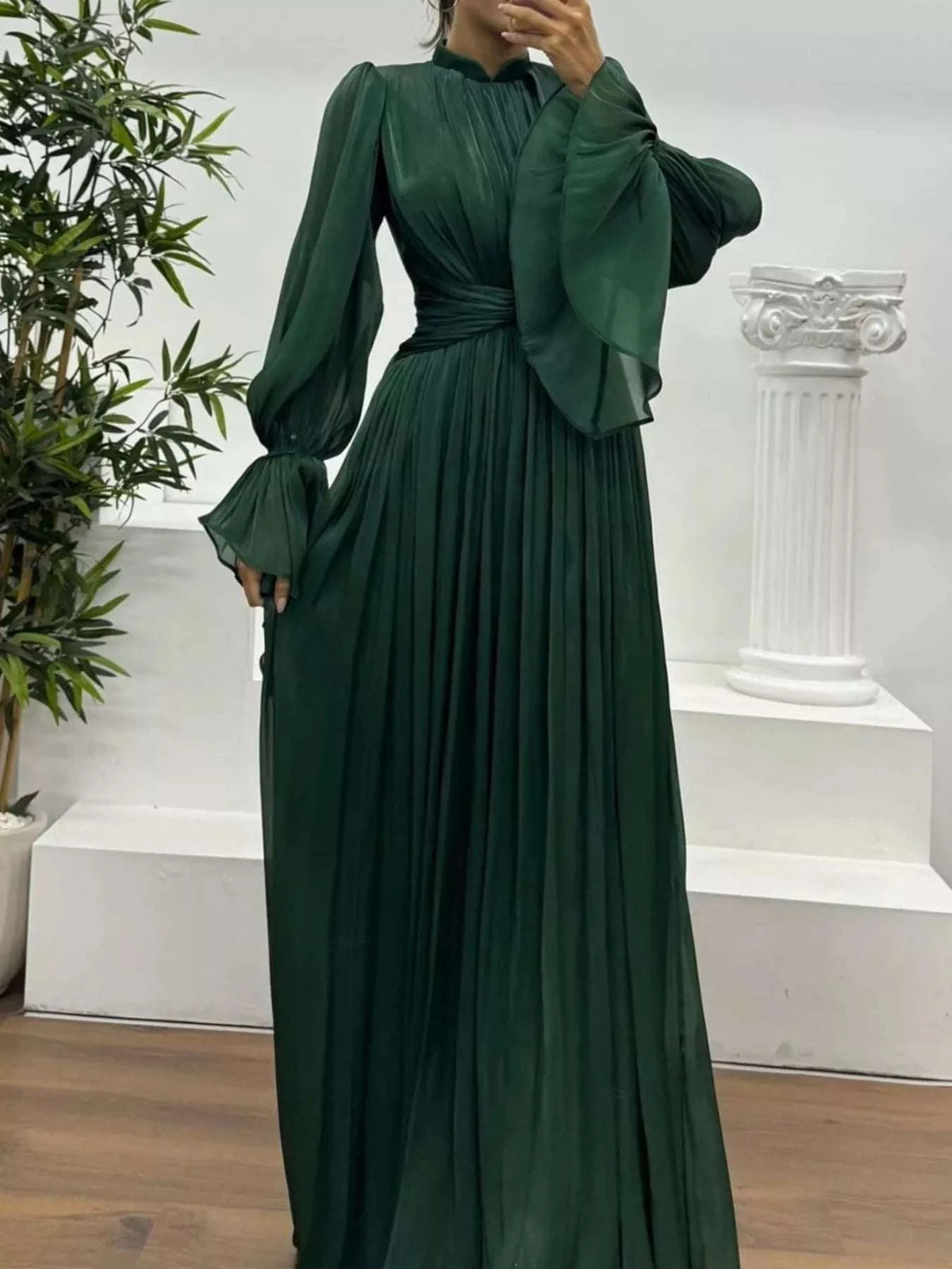 Pleated Mock Neck Long Sleeve Maxi Dress WESTCLOSET