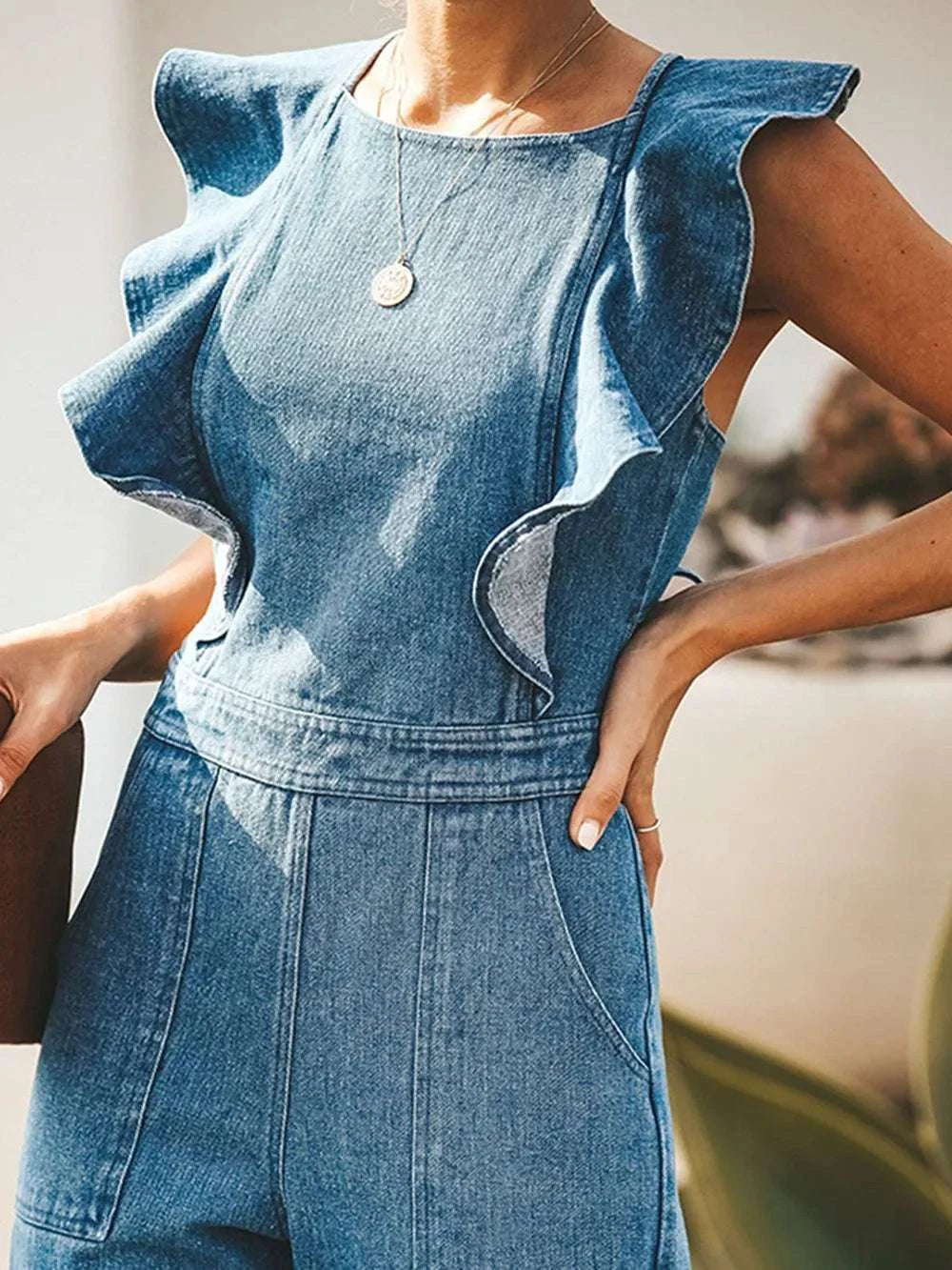 Ruffled Backless Sleeveless Denim Jumpsuit WESTCLOSET
