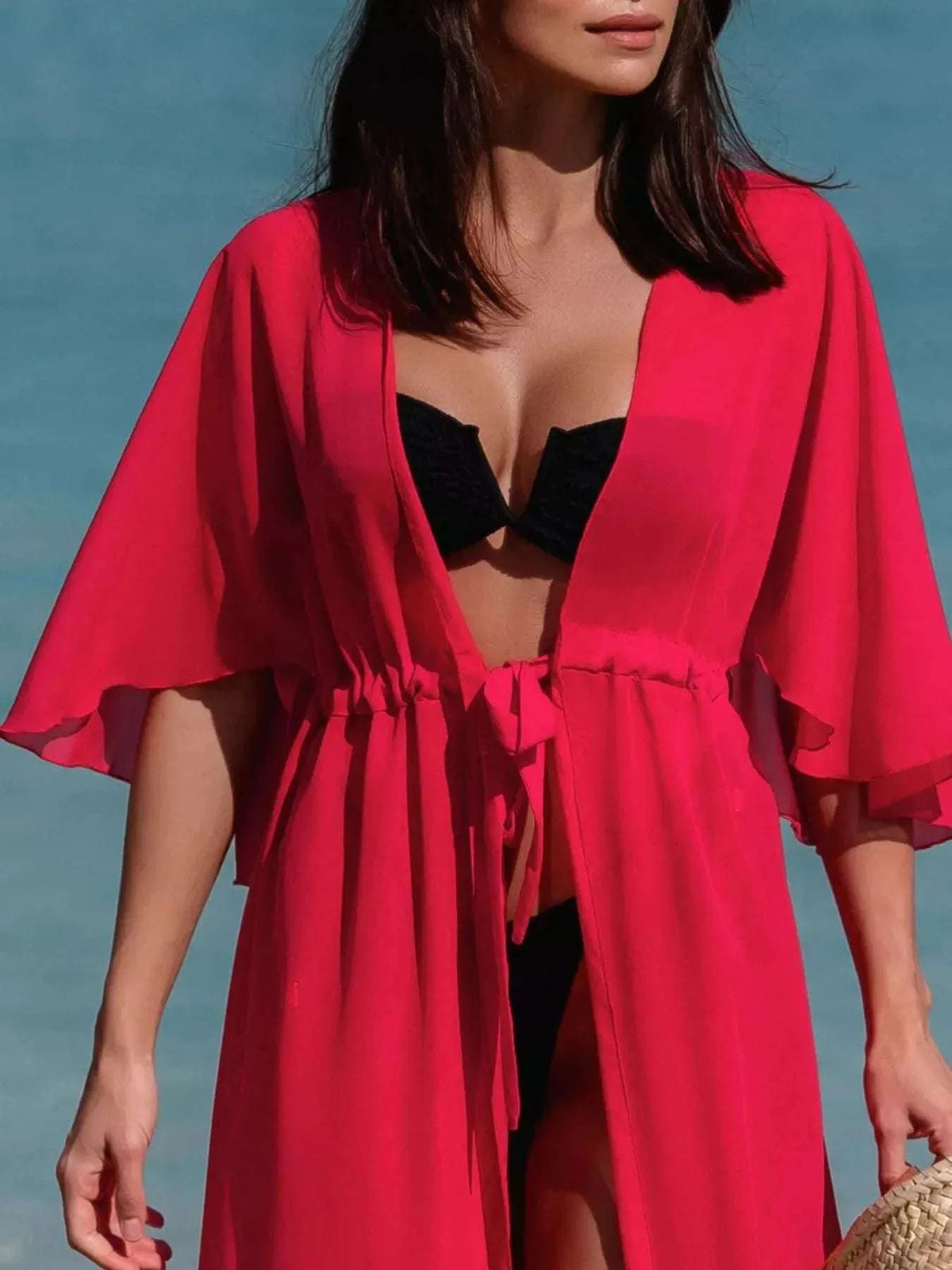 Deep red flutter sleeve beach cover-up women