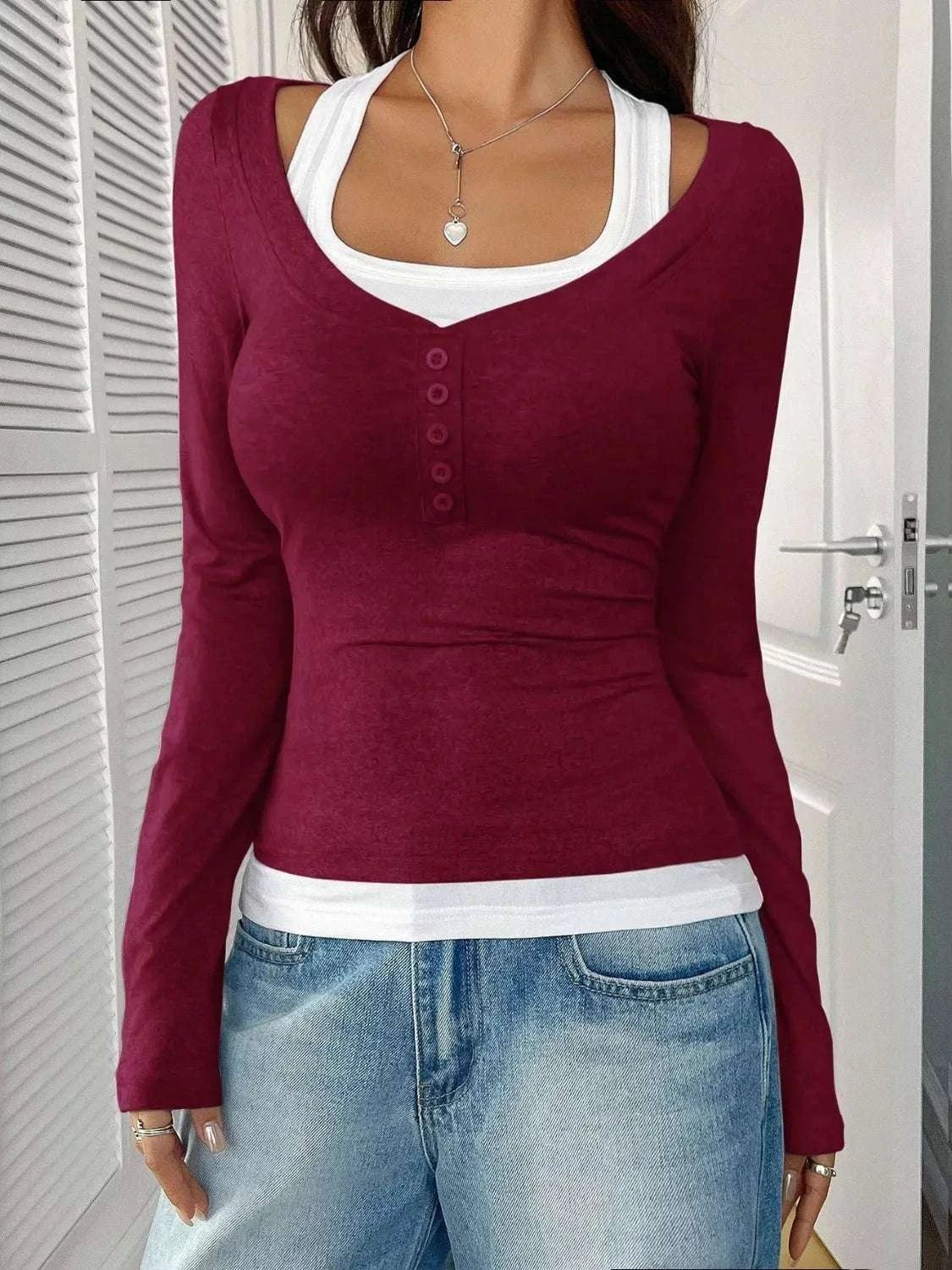 Contrast Long Sleeve Fake Two-Piece T-Shirt WESTCLOSET