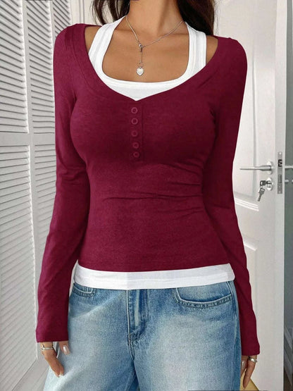Contrast Long Sleeve Fake Two-Piece T-Shirt WESTCLOSET