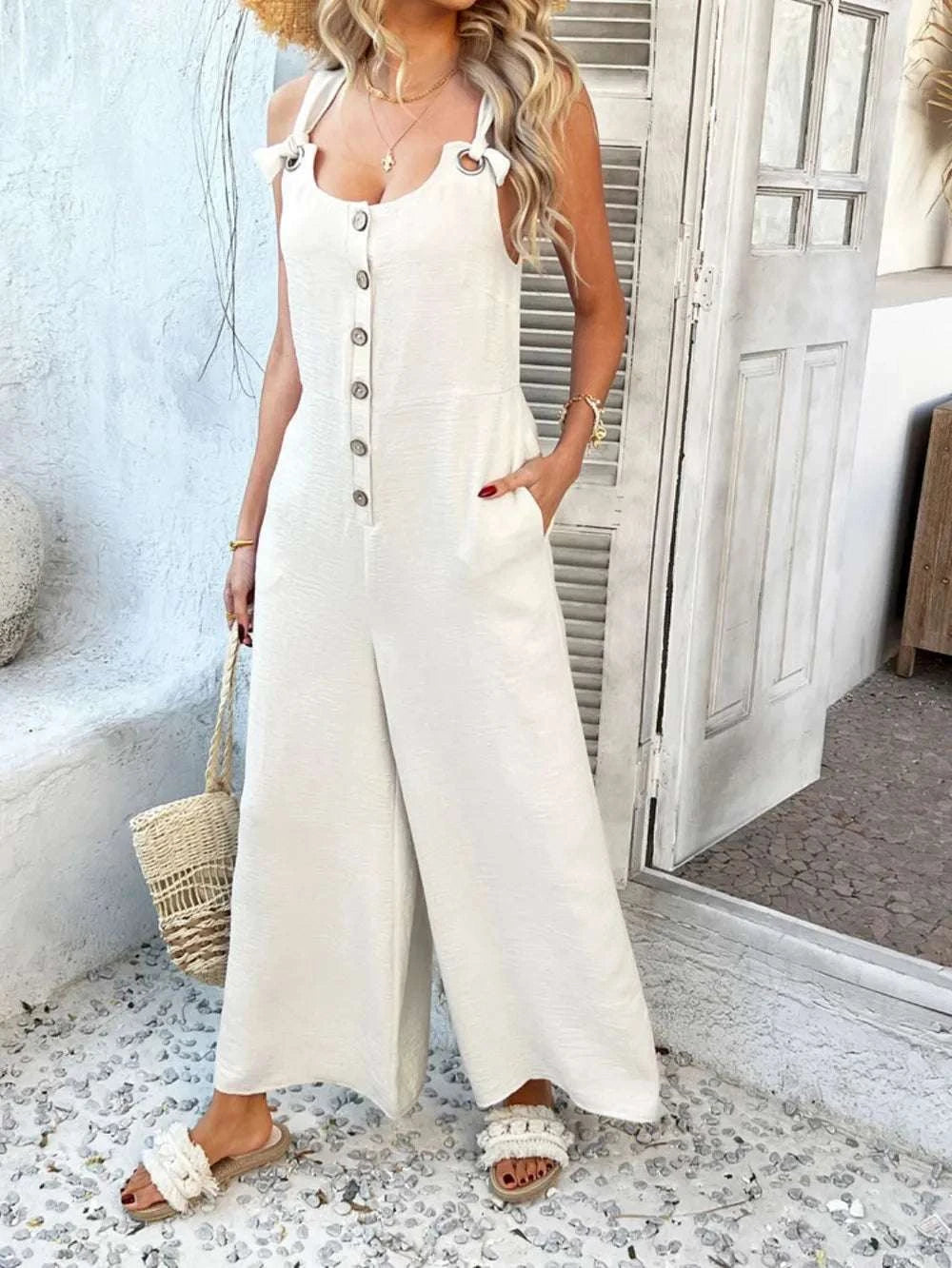 Devine Button Front Knotted Strap Wide Leg Jumpsuit WESTCLOSET