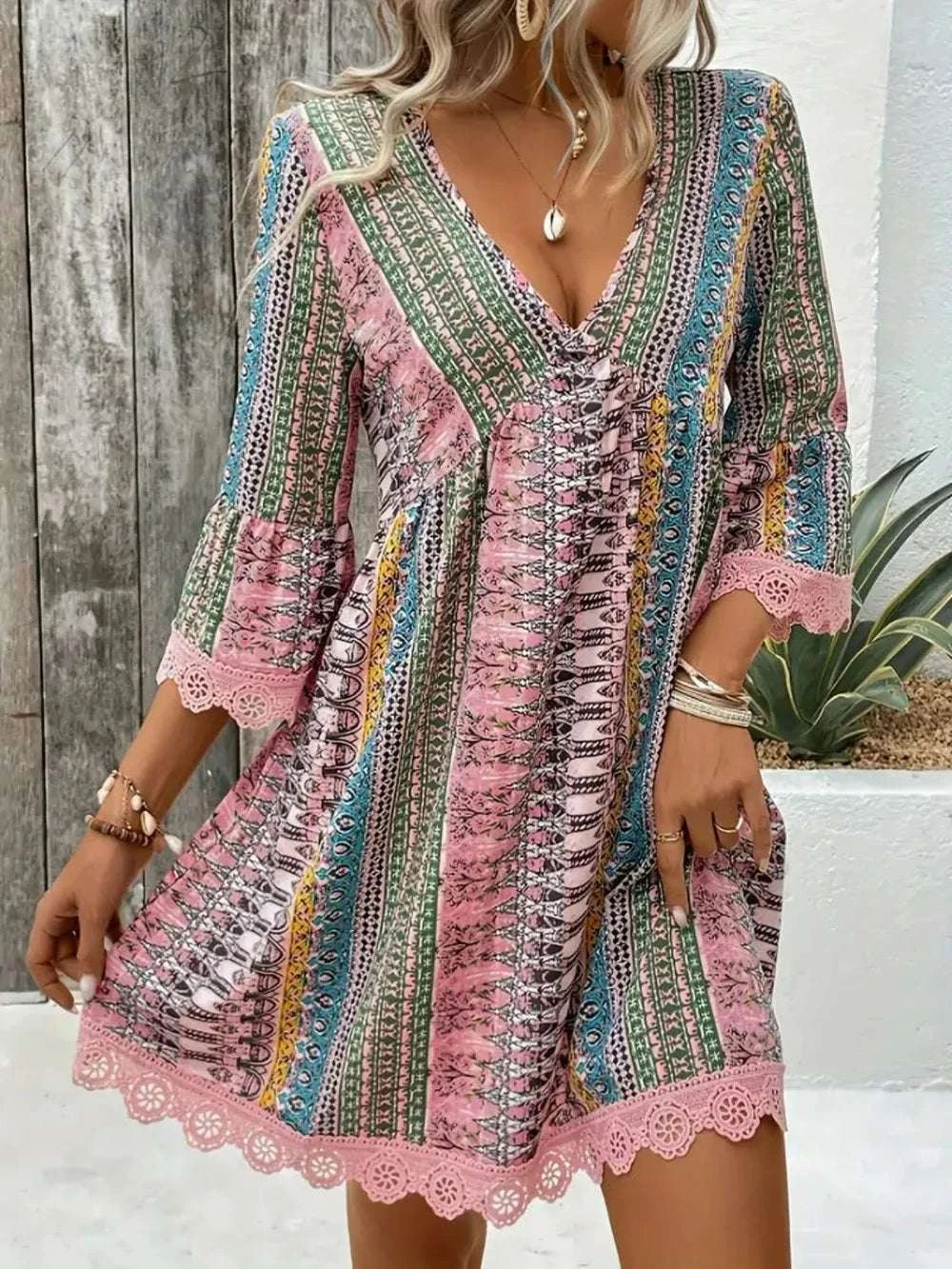Lace Trim Printed V-Neck 3/4 Sleeve Dress WESTCLOSET
