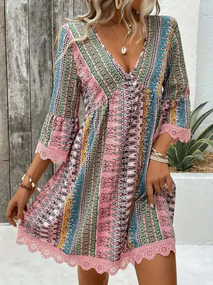 Lace Trim Printed V-Neck 3/4 Sleeve Dress WESTCLOSET