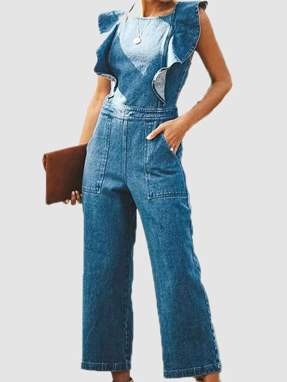 Ruffled Backless Sleeveless Denim Jumpsuit WESTCLOSET