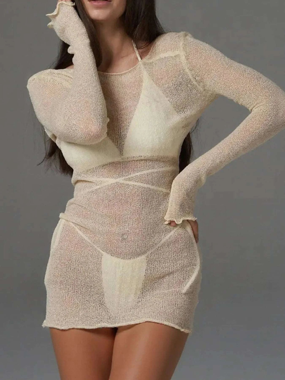 Sheer Backless Long Sleeve Mini Cover-Up Dress WESTCLOSET