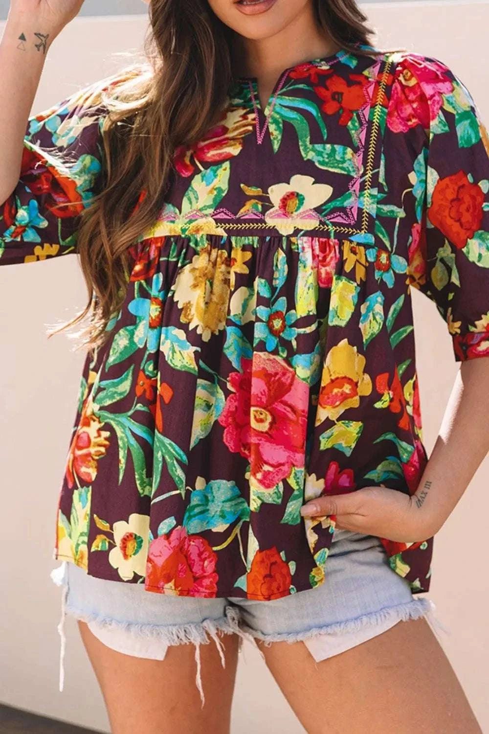 Flower Embroidered Trim Half Sleeve Blouse WESTCLOSET