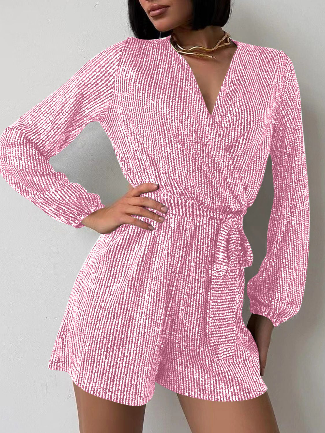WestCloset Full Size Sequin Surplice Tie Waist Long Sleeve Romper 
