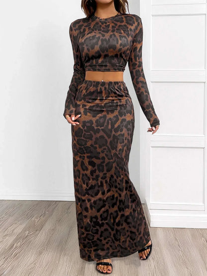 Leopard Round Neck Top and Skirt Set WESTCLOSET