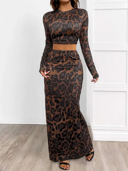 Leopard Round Neck Top and Skirt Set WESTCLOSET