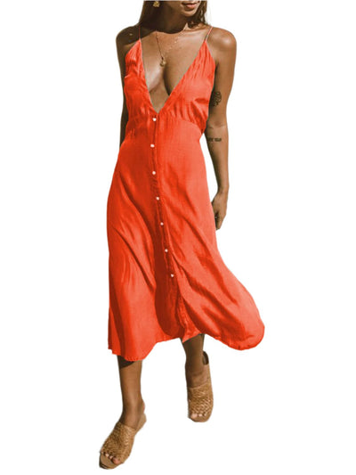 Buttoned plunge stretchy midi dress