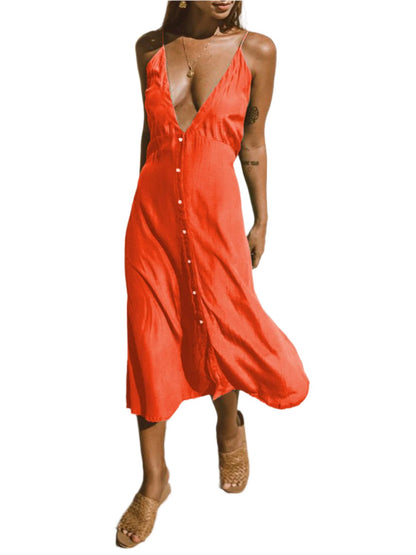Buttoned plunge stretchy midi dress