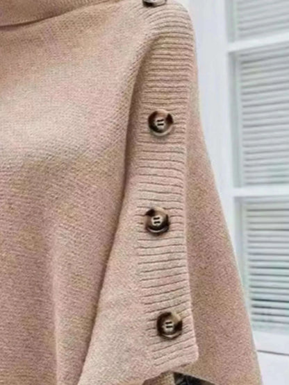Button-Decor Turtleneck Poncho Pullover WESTCLOSET